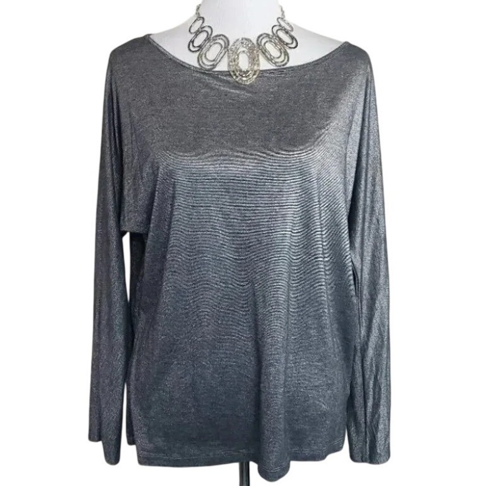 Old Navy Metallic Shimmer Top M Silver Boat Neck Long Dolman Sleeve Sparkly
